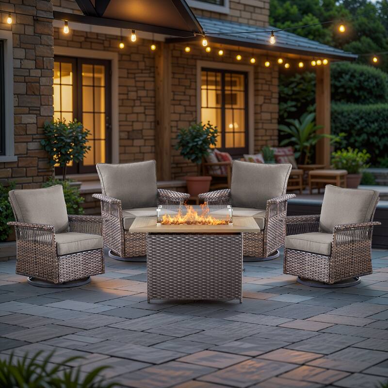 Pocassy 41 in Fire Pit Table with Patio Swivel Chair Set - Brown Wicker Gray Cushion - 5-Piece Swivel Chair with Fire Pit Table