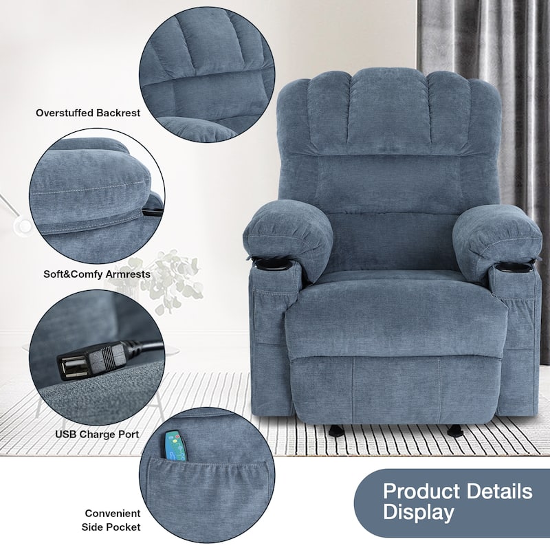 Blue Power Recliner Chair with Adjustable Rocking, Heating and Massage