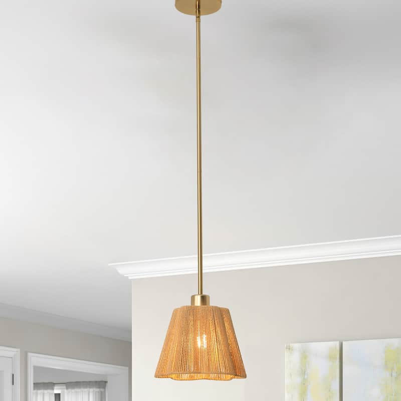 1-Light Boho Brown Paper Rope Cloche Hanging Pendant Light