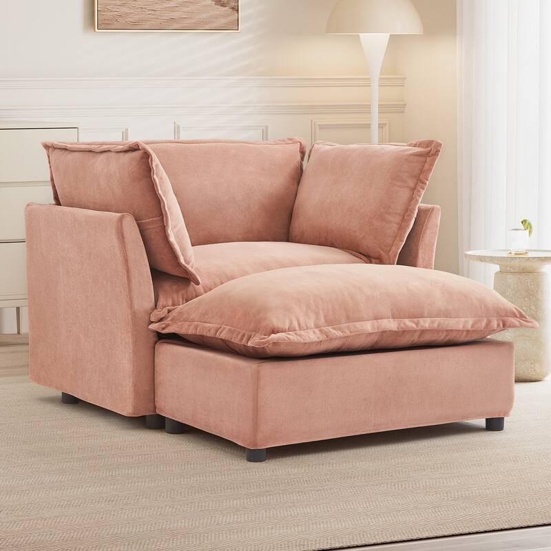 47" Cozy Upholstered Armchair with Movable Ottoman, Wide Seat, Curved Armrests and Soft Pillows - Pink
