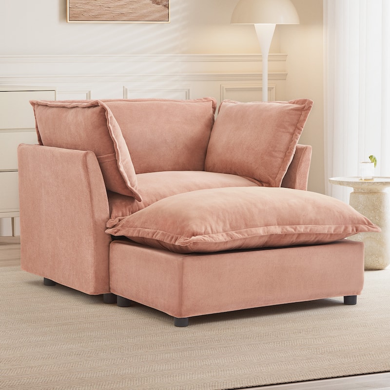 Roomfitters Upholstered Armchair with Ottoman, Wide Seat and Curved Armrests for Living Room or Bedroom
