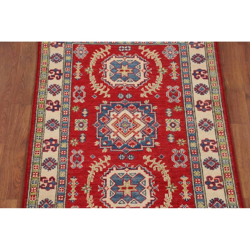 Geometric Red Kazak Foyer Rug Hand-Knotted Traditional Wool Carpet - 2'8" x 4'1"