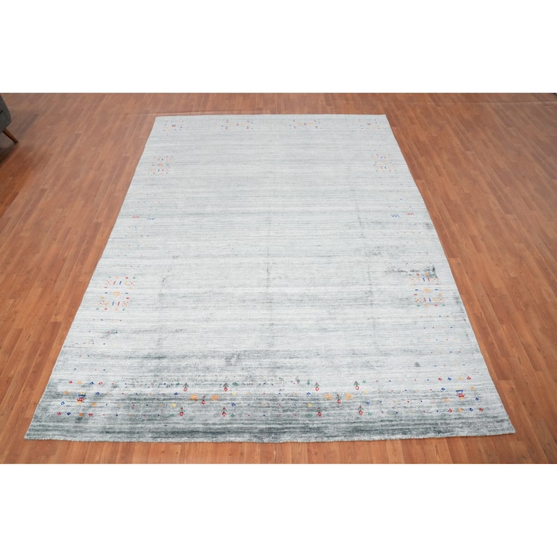 Hand Knotted Oriental Viscose Silk Carpet Tribal Animal Pictorial Greys & Charcoal Gabbeh Area Rug - 11' 9'' X 8' 7''