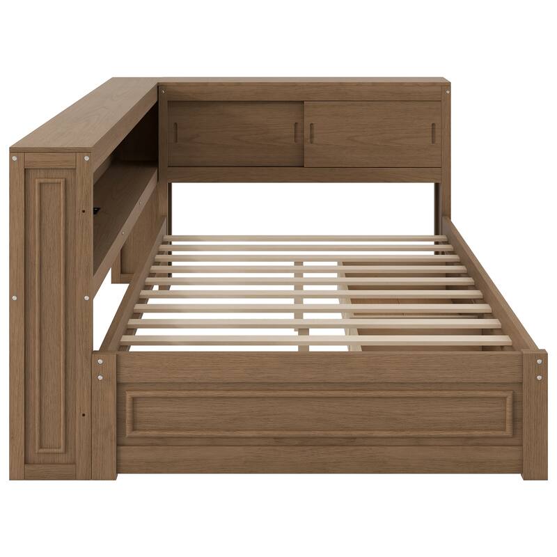 Full Size Wood Daybed with Storage Shelves, 2 Drawers, USB Ports & LED Lighting