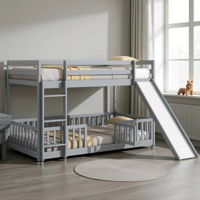 Solid Pine Wood Twin Over Twin Bunk Bed with Slide, Door, Ladder, and Guardrails, Convertible Floor Bunk Bed for Kids
