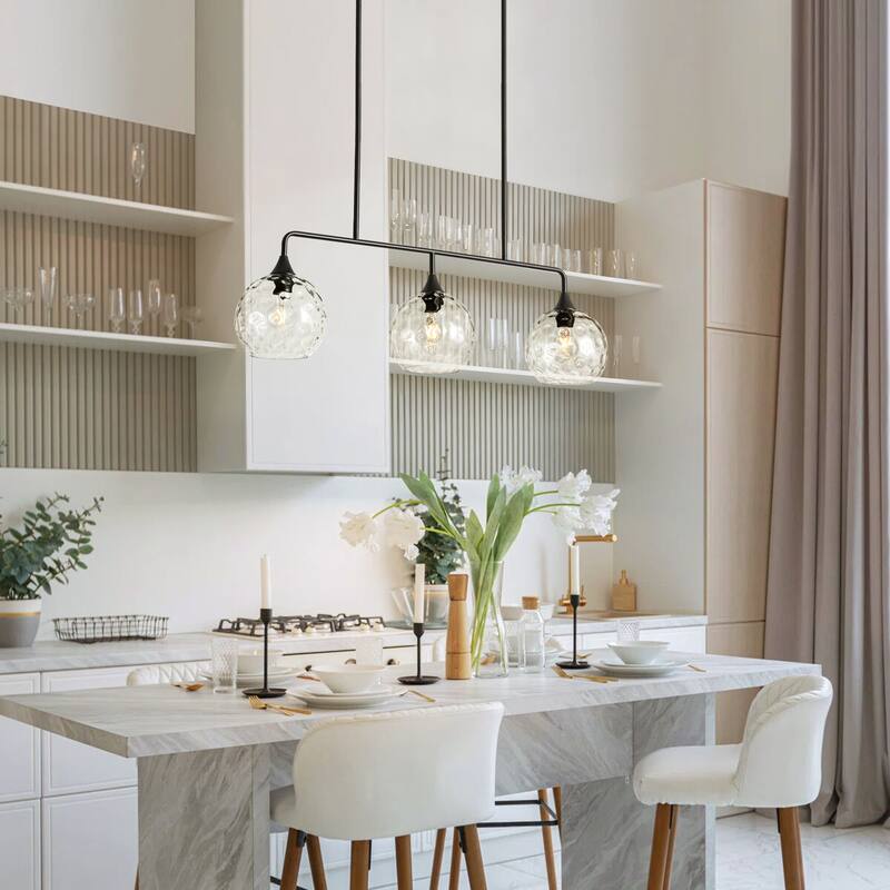 3-Light Modern Black/Brushed Gold Linear Chandelier for Kitchen Island with Clear Textured Glass Globe Shades