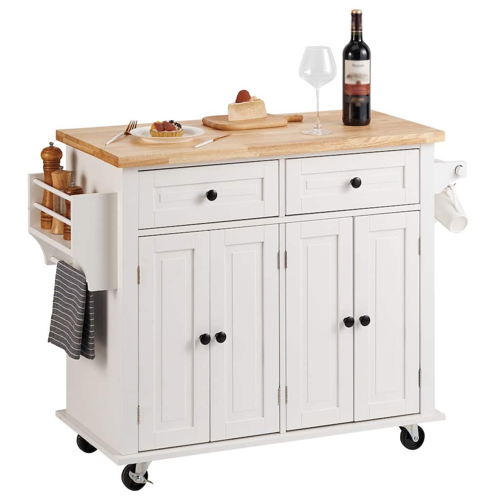 White Wooden Portable Kitchen Island on Lockable Wheels with Storage Cabinet and 2 Drawers - 35.43 x 17.72 x 1.06 inch