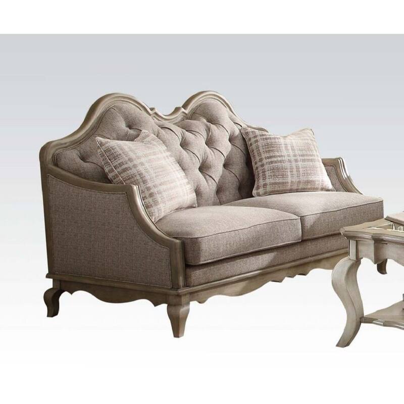 HomeRoots 62" Beige And Brown Linen Loveseat and Toss Pillows
