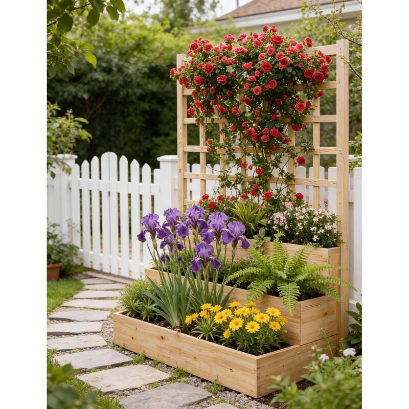 3-Tier Wooden Raised Garden Bed, with Trellis
