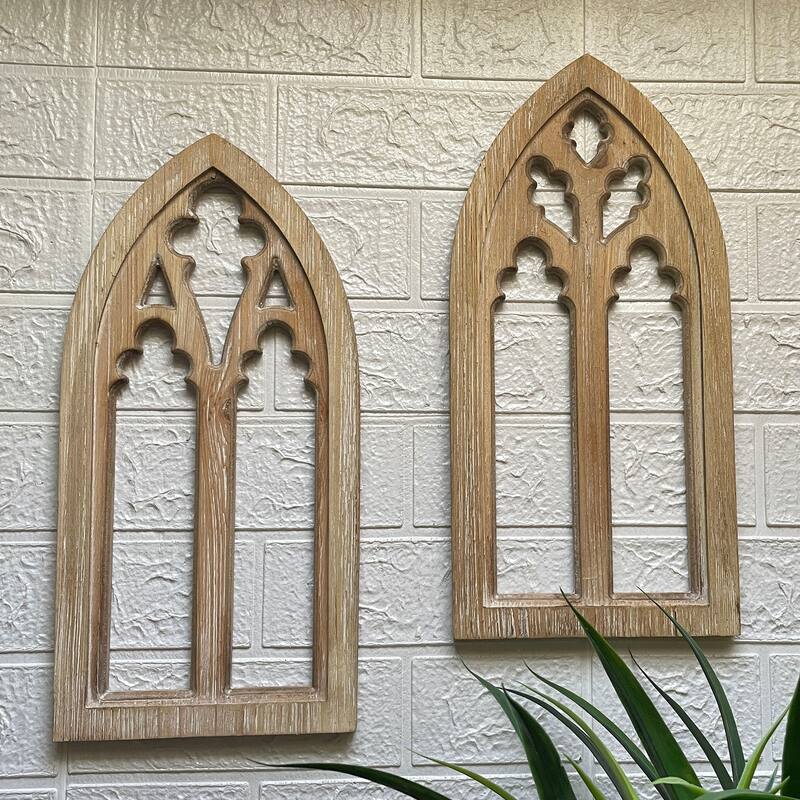 Washed Wood Gothic Arch Window Frame Wall Decor 2 Piece Set