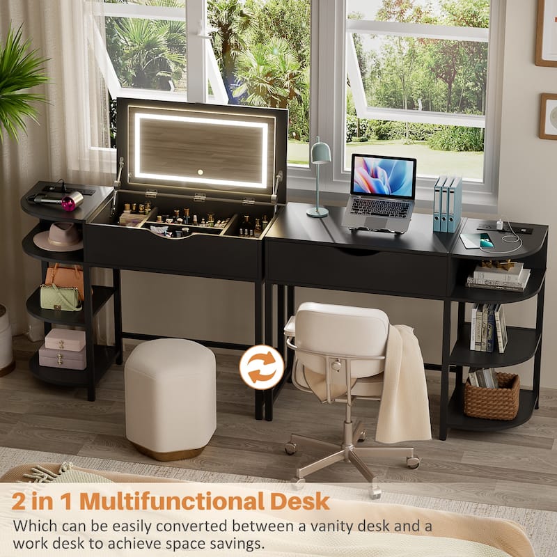 Flip Top Vanity Desk with LED Mirror and Charging Station, Modern Makeup Table with Hiden Storage