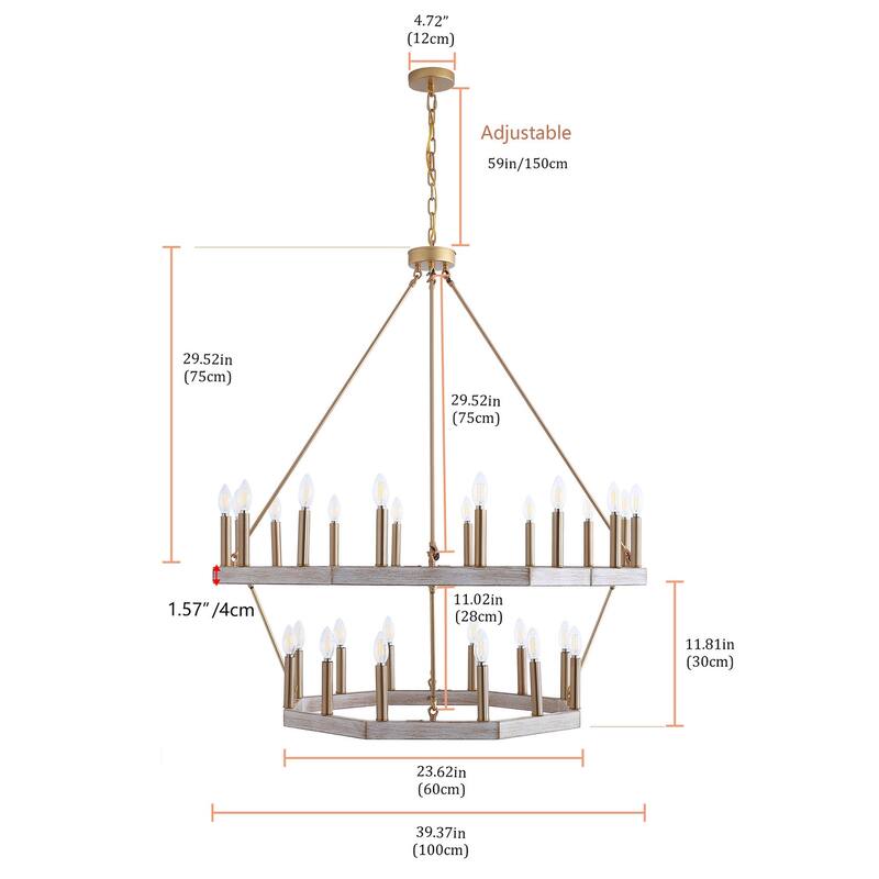 Brushed Gold 28-Light Candle Style 2-Tier Wagon Wheel Chandelier