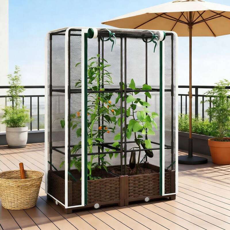 Self-Watering Adjustable Raised Garden Bed with Trellis and Crop Cage