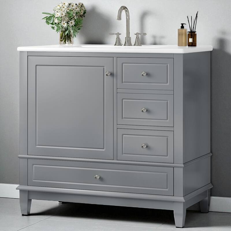 36" Bathroom Vanity with Sink, Freestanding Cabinet with Drawers and Shelves, Ceramic Top, Painted Wood Base - Grey