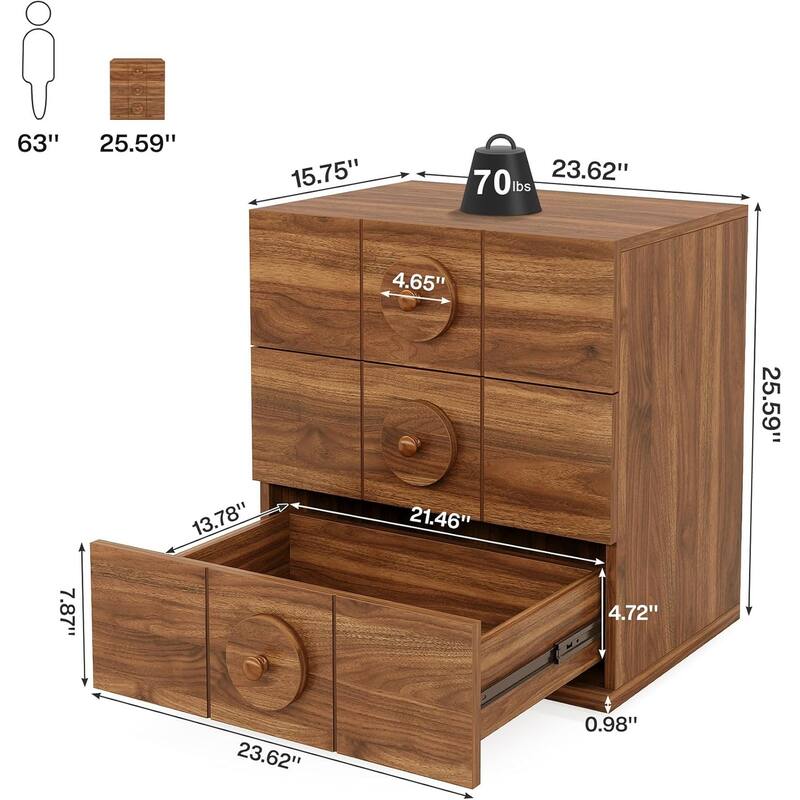 Natural Wood Metal 3-Drawer Nightstand with Checkerboard Design