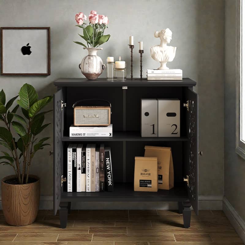 Vintage Hollow-Carved 2-Door Accent Cabinet with Floral Design, Adjustable Shelf and Solid Wood Legs, 31.5'' Sideboard