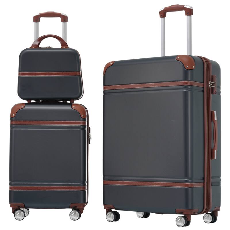 Lightweight 3-Piece Hardshell Luggage Set with TSA Lock, 20" + 28" Luggage & Cosmetic Case - Black