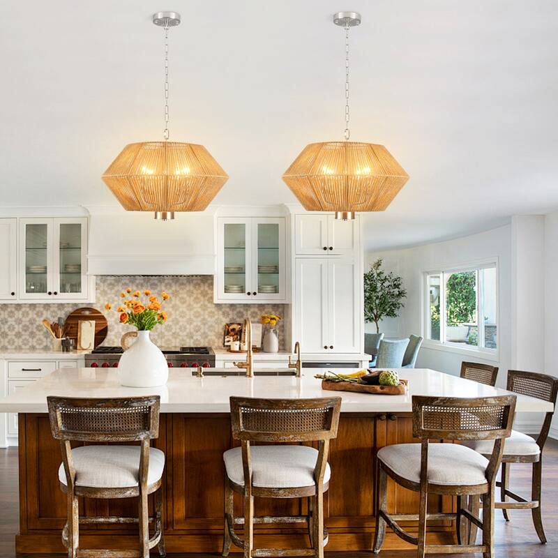 4-Light Dimmable Pendant Light, Paper Rattan Lampshade Candle Chandelier for Living Room with no bulbs included