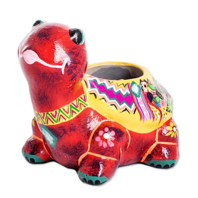Novica Handmade Floral Turtle Small Ceramic Flower Pot