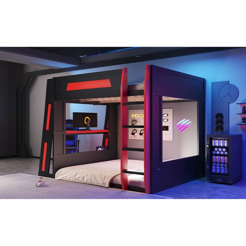 Roomfitters Queen Over Queen Gaming Bunk Bed with Desk, Storage Shelves and LED