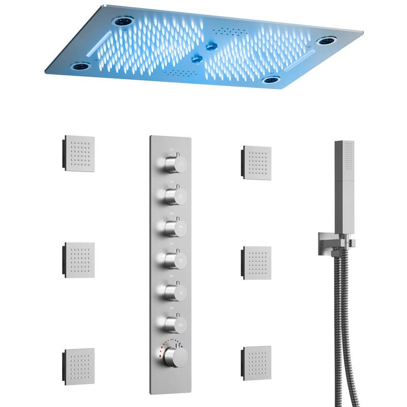 Shower Faucet System 28"*16" Ceiling Mount Shower Head with 4 Spray Mode Body Jets Handheld Spray LUXURY LED - Brushed Nickel