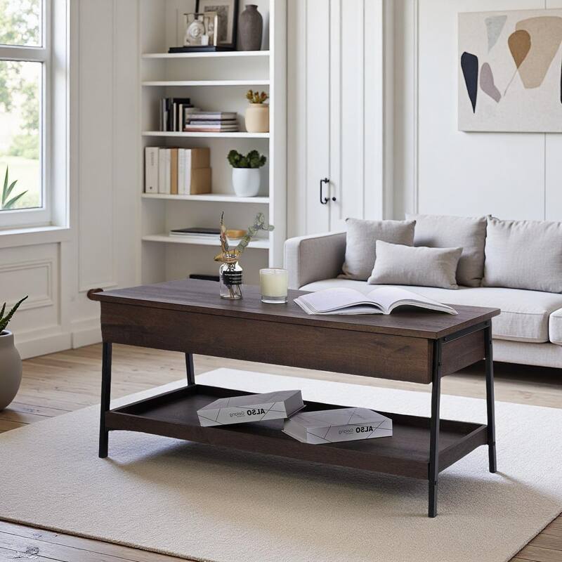 Caffoz Lift Top Coffee Table 2 Tier Wood Design with Hidden Compartment, Living Room Center Table with Extra Storage Space - Taupe