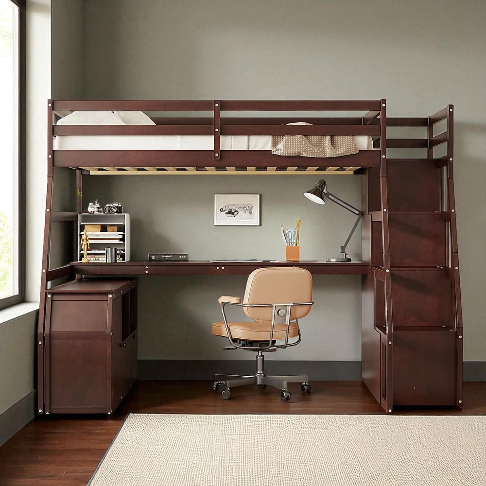Twin/Full Loft Bed with 7 Drawers, 2 Shelves, and Built-in Desk for Bedroom Organization