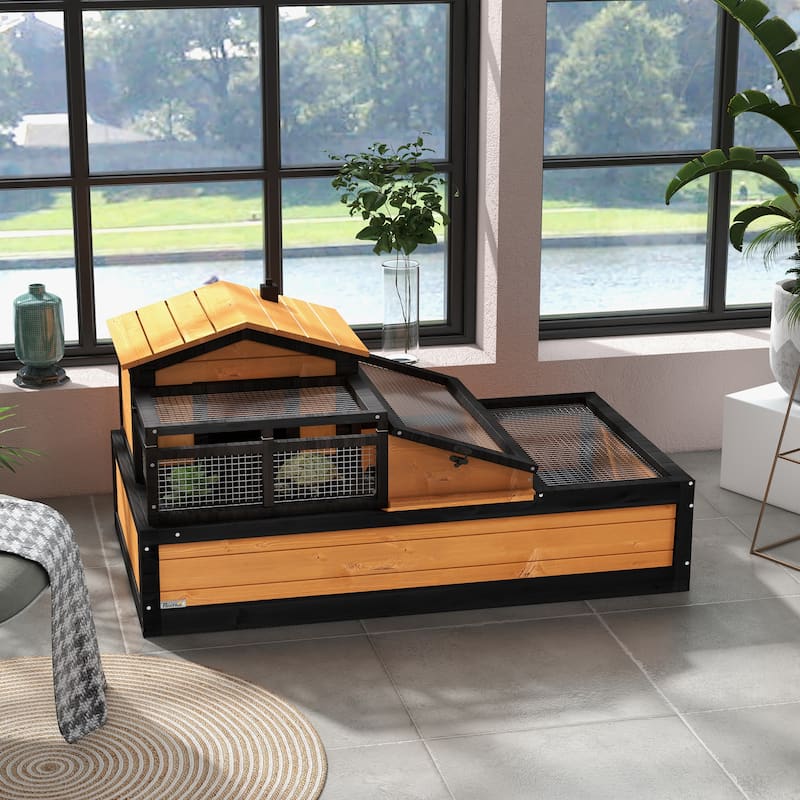 PawHut Wooden Tortoise Habitat, Tortoise Enclosure Reptile Cage w/ Tray - yellow