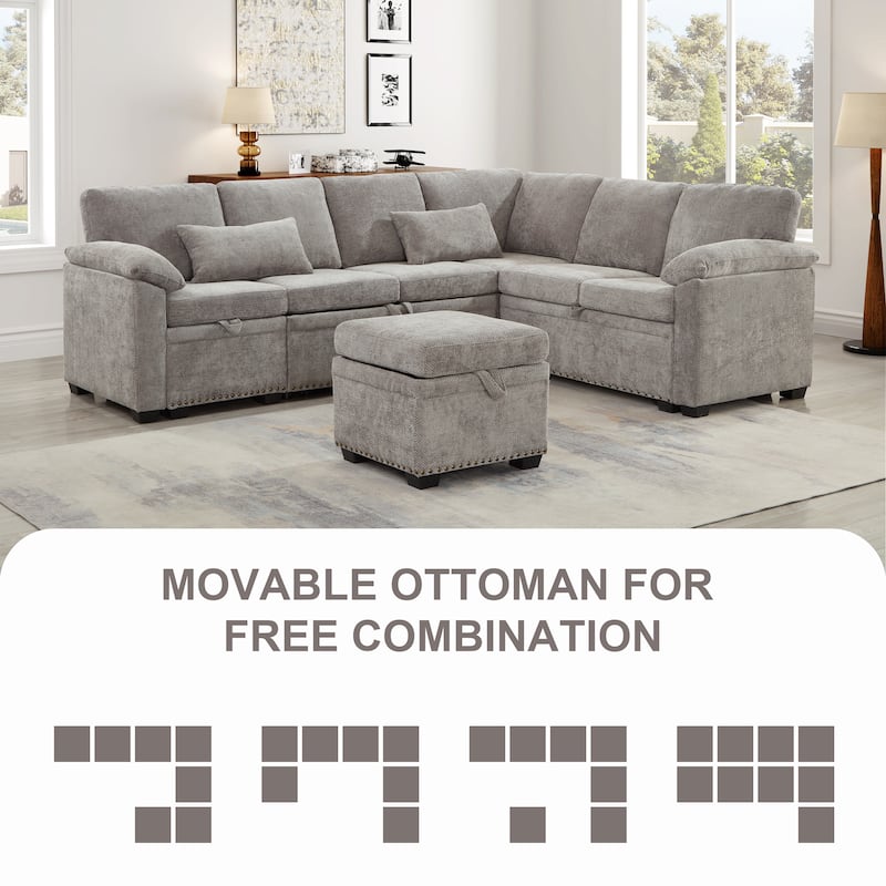 Corner Sectional Sofa with Pull Out Chaise Lounge and Pillow Top Arms, Chenille Sleeper Couch with Storage Seat and Ottoman