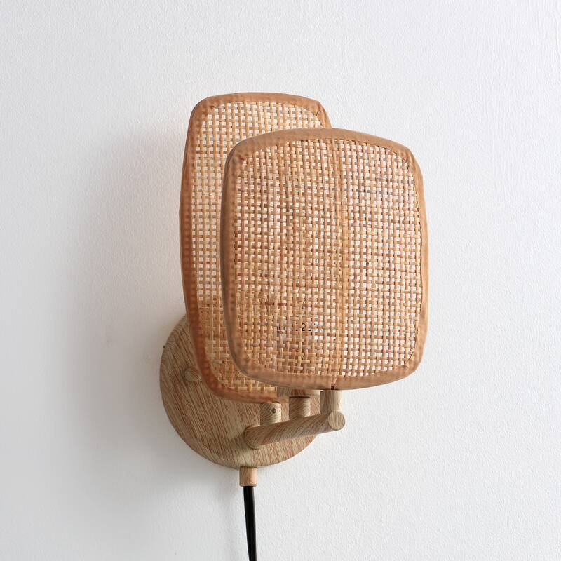VidaLite Amud - Plug-In Swag Wall Sconce Lamp, 1-Light with Bamboo Wicker Panels wood Finish, Beige