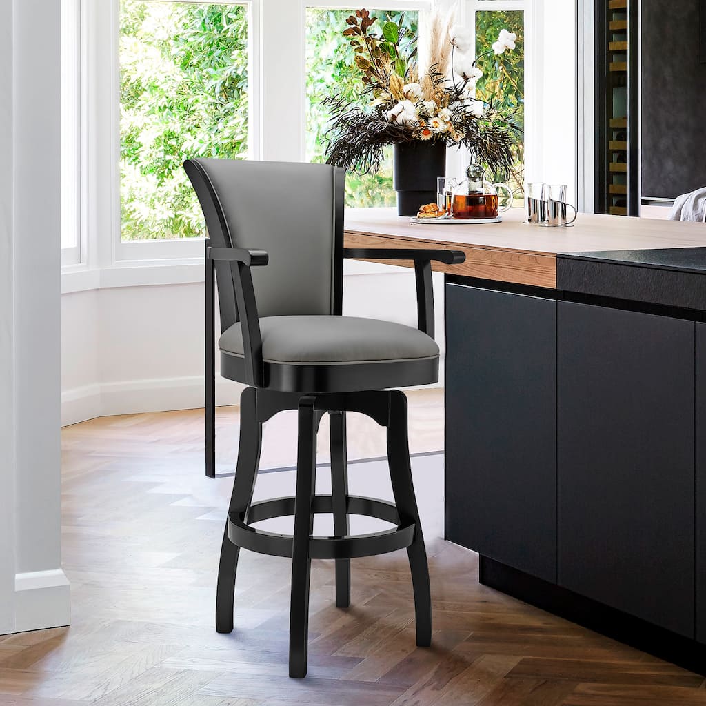 Raleigh Grey Faux Leather & Black Wood Swivel Bar/Counter Stool with Arms