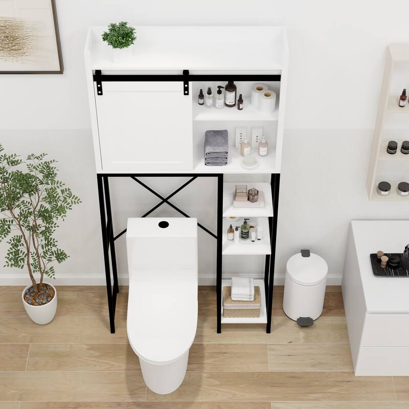 Anmytek White Over The Toilet Storage Cabinet with Sliding Barn Door Industrial Farmhouse Bathroom Organizer