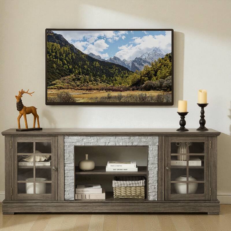 70'' Modern TV Stand for 75'' TV, Faux Stone Media Console with Cabinets, Cable Management & Adjustable Shelves - Grey