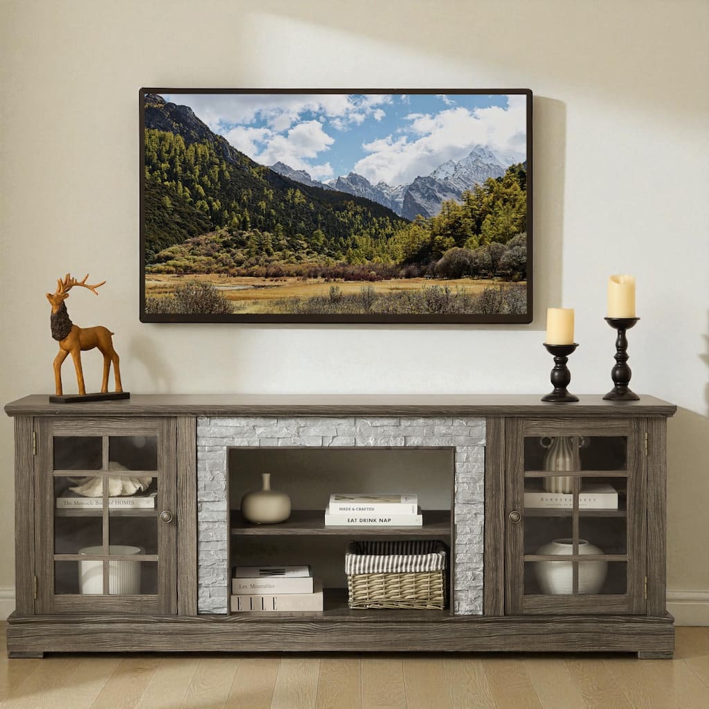 70'' Modern TV Stand for 75'' TV, Faux Stone Media Console with Cabinets, Cable Management & Adjustable Shelves