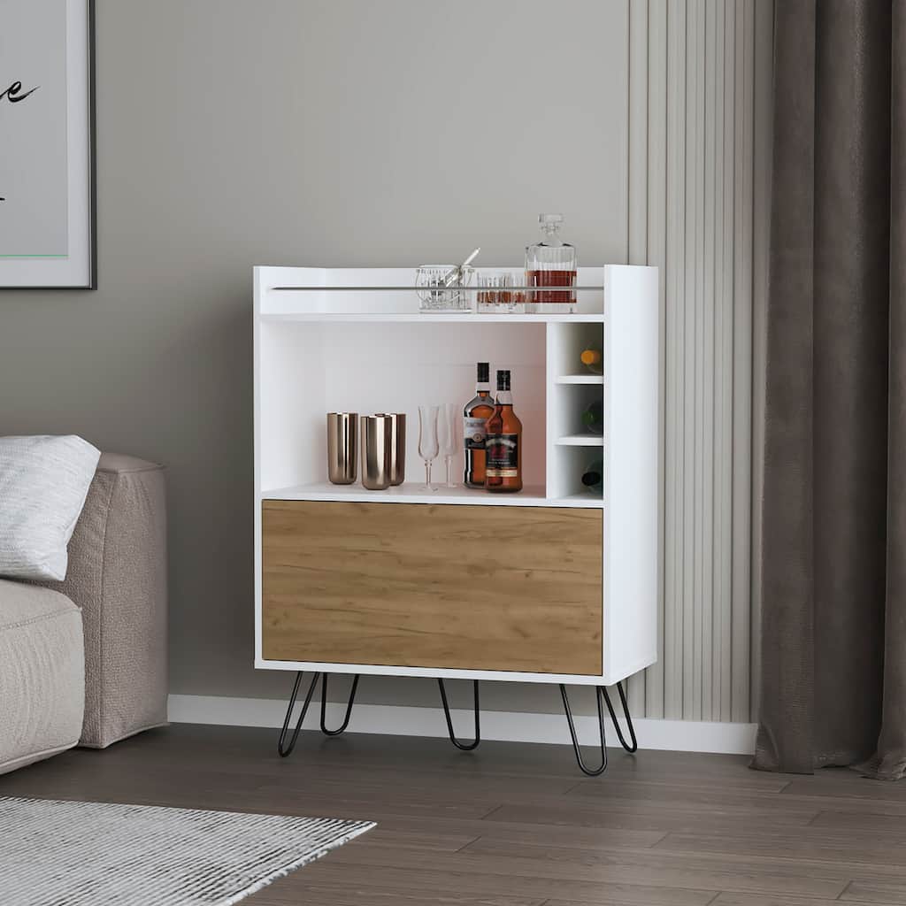 Otho Bar Cabinet with Drop-Down Door, Wine Storage, Open Shelves, and Hairpin Legs