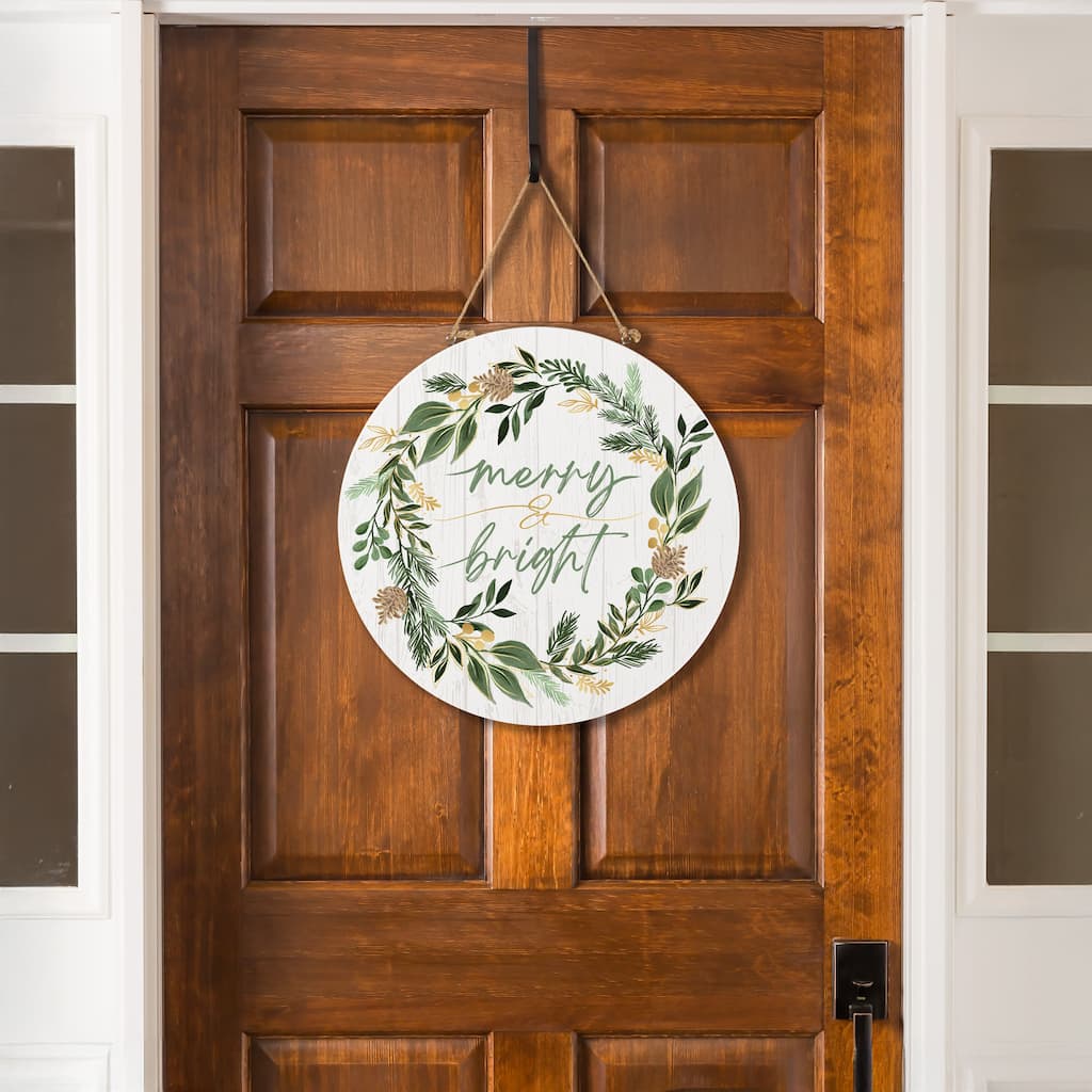Shades of Green Wood Door Decor, "Merry Bright" - 18" - Multicolor