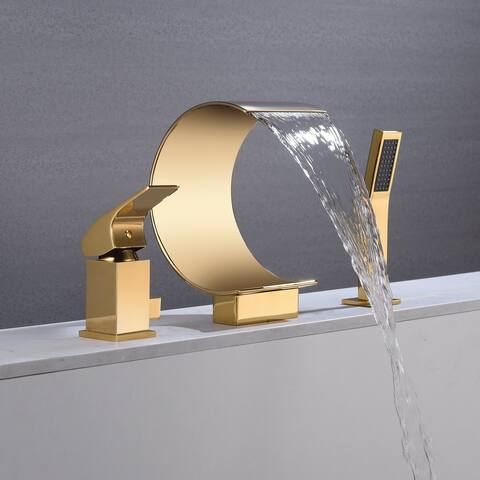 Polished gold Bathtub Faucet Waterfall Mixer Faucet with Hand Shower Deck Mount - 7'6" x 9'6"