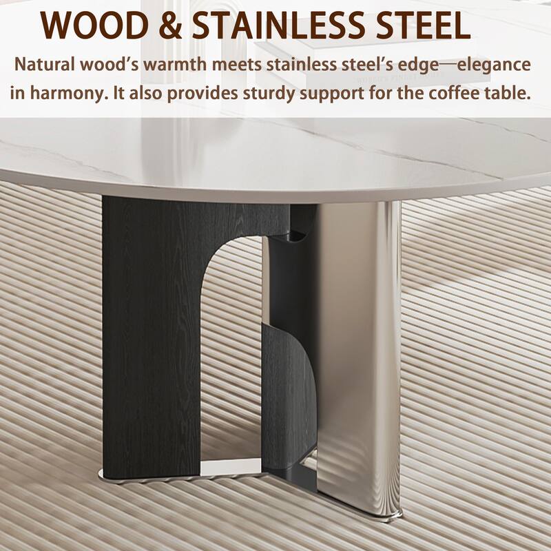 35.43” Modern Round Coffee Table, Glossy Sintered Stone Table top,Solid Wood Legs
