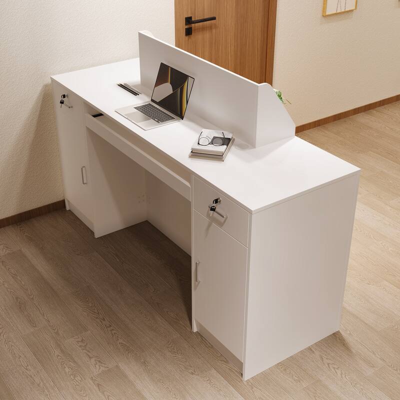 Reception Desk Checkout Counter with LED Display Shelves, Locking Drawer and Storage Cabinets