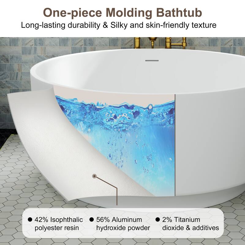 49 in. Freestanding Solid Surface Round Soaking Bathtub in Matte White, Compact Design with Center Drain
