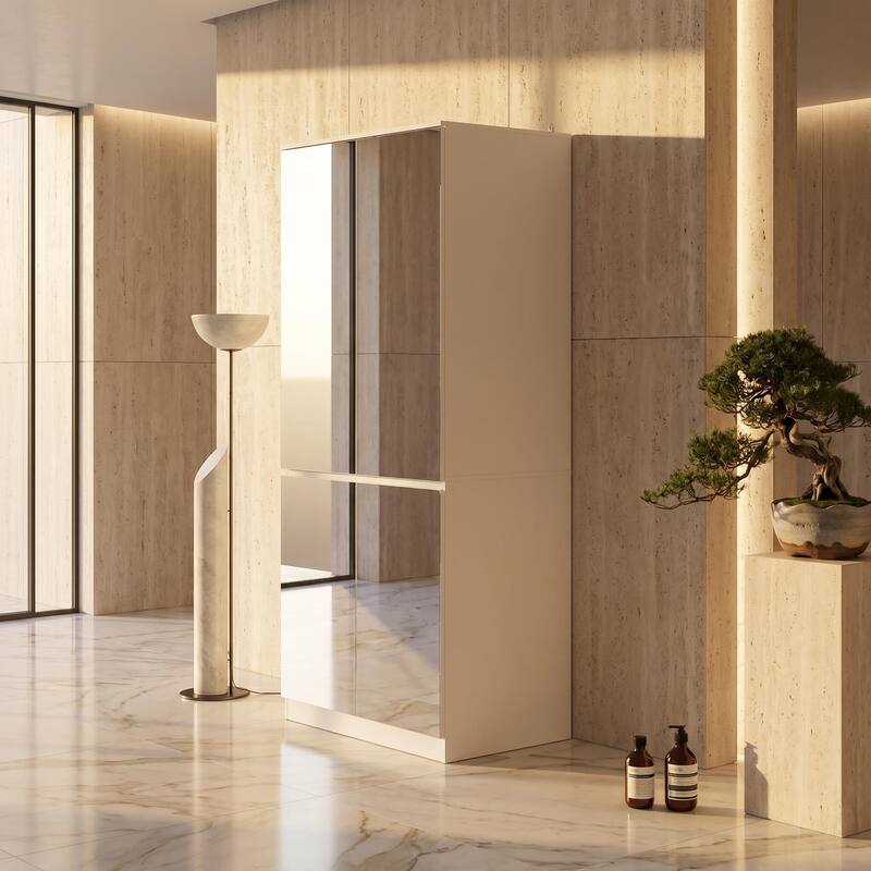 Modern Mirrored Wardrobe Armoire with Hanging Rod White Bedroom Storage Cabinet, Freestanding Closet Organizer