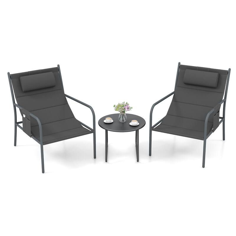 3PCS Patio Bistro Set Outdoor Set of 2 Metal Chairs w/Coffee Table - Grey