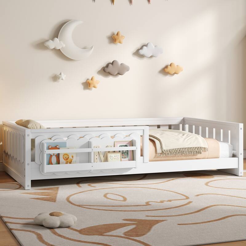 Kid Wood Platform Storage Bed Montessori Toddler Floor Bed Children Daybed with Guardrail and Side Creativity Storage Shelves