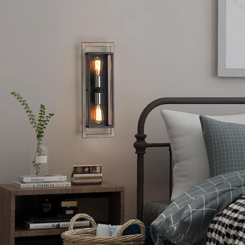2-Light Black/Wood Tone Dimmable Rustic Farmhouse Wall Sconce - 20"H x 7"W x 5"D - 7 in. W