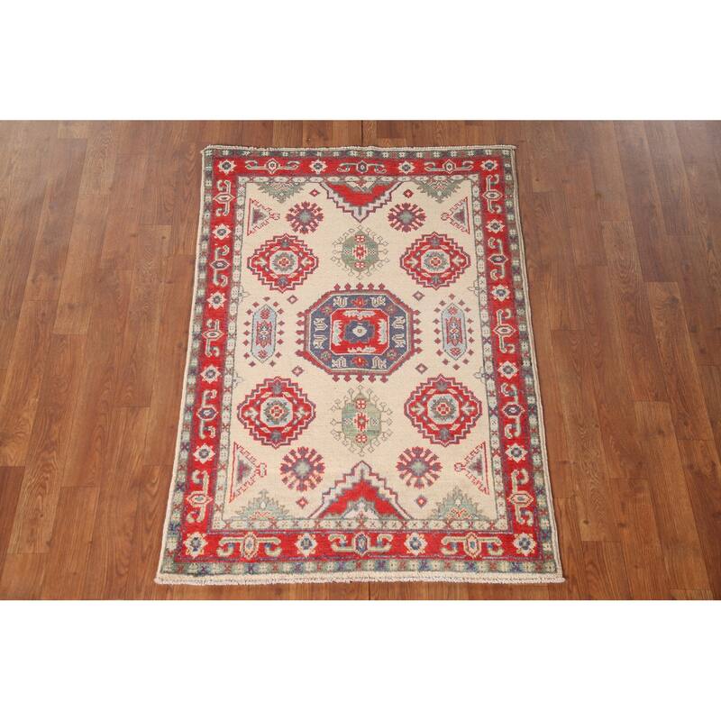 Kazak Accent Rug Hand-Knotted Geometric Beige Wool Carpet - 2'9" x 4'1"