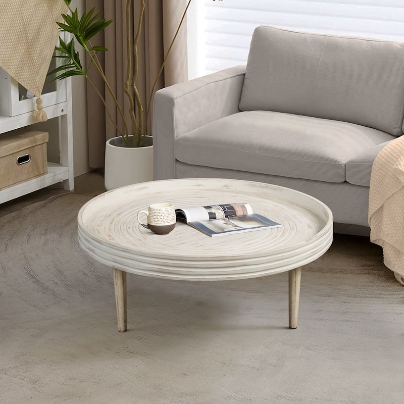 33 Inch Coffee Table, Solid Mango Wood, Handcrafted Round Grooved Raised Edge Distressed White