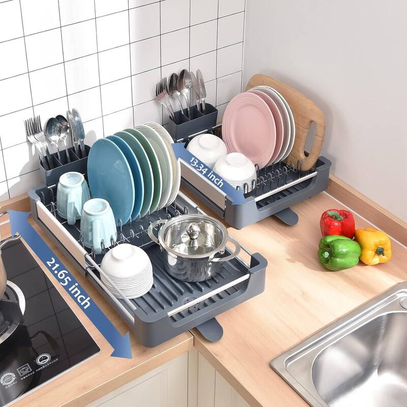 Dish Drying Rack for Kitchen Counter, Extendable Dish Rack with Drainboard