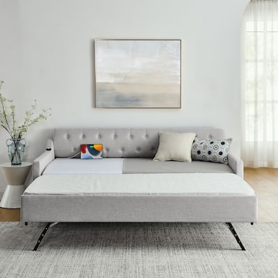 Tufted Daybed Upholstered Sofa Bed with Trundle and USB Port on Arms