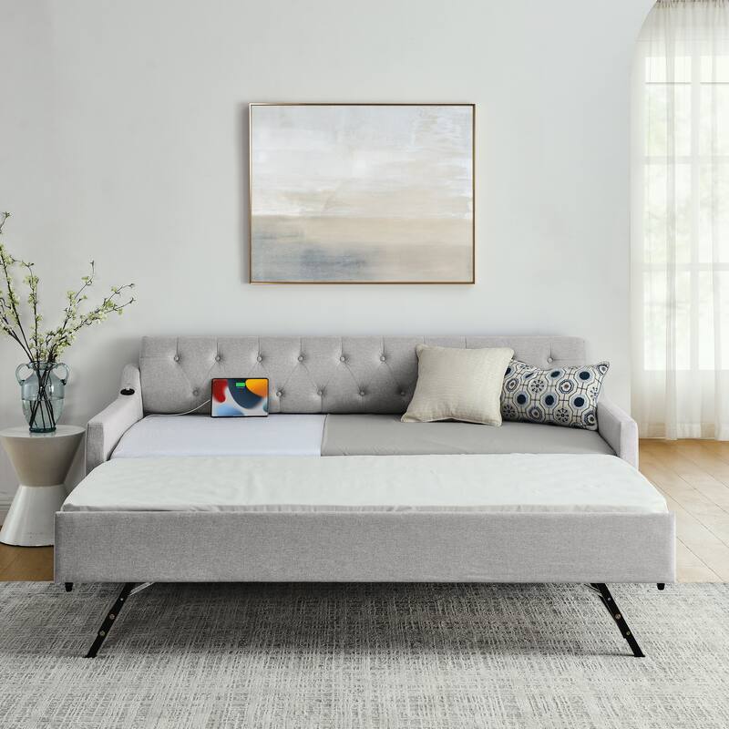 Upholstery Daybed with Erectable Trundle and USB Charging