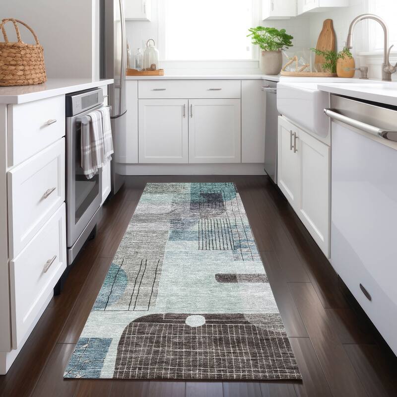 Machine Washable Indoor/ Outdoor Abstract Contemporary Chantille Rug - Teal - 2'3" x 7'6"